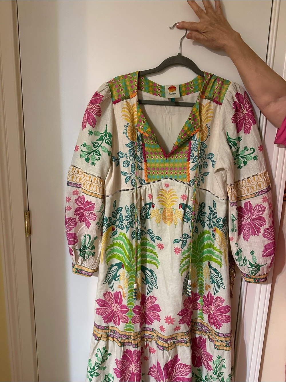 Embroidered Floral Cotton Maxi Dress - White with Pink & Green